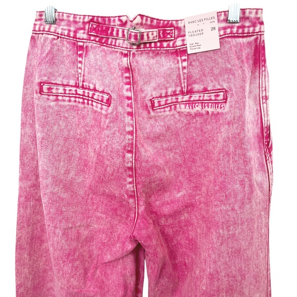NWT Avec Les Filles Pink Acid Wash Wide Leg Pleated Denim Trouser 28 - Picture 9 of 14